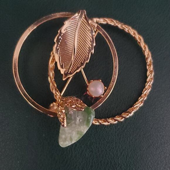 Double Circle Flower Brooch Gold Tone with Jade and Faux Pearl Accents Dainty - Picture 2 of 7
